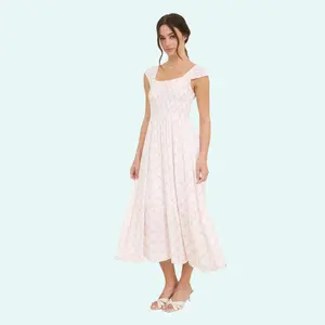 Bow Pattern Smocked Pink Midi Dress - Ruched Sleeve, Scoop Neckline, Casual Feminine Summer Wear, Fully Lined for Comfort