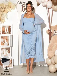 2pcs/Set Pregnant Women Party Wear Sequined Long Cardigan And Solid Color Ruched Fitted Tube Dress, For Baby Shower Party, For Maternity