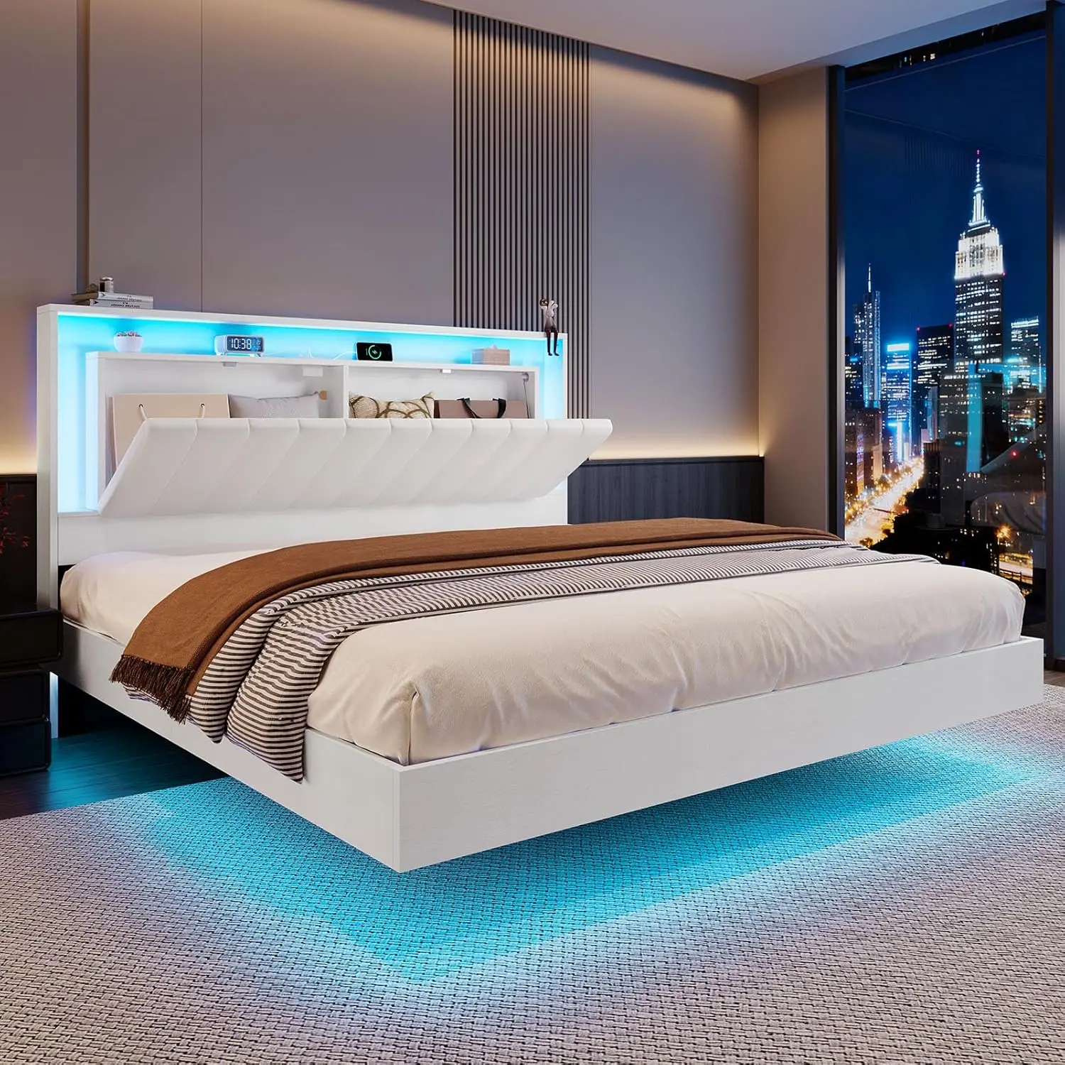 [Summervibes]Belffin King Bed Frame with Headboard, White Size Bed Frame with Charging Station & Led Lights, Pu Leather Upholstered Headboard W/ 2-Tier Storage Shelves, No Box Spring Needed, Metal Slat Support, Solid and Stable