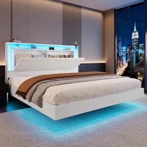 【Mother's Day】Belffin King Bed Frame with Headboard, White Size Bed Frame with Charging Station & Led Lights, Pu Leather Upholstered Headboard W/ 2-Tier Storage Shelves, No Box Spring Needed, Metal Slat Support, Solid and Stable
