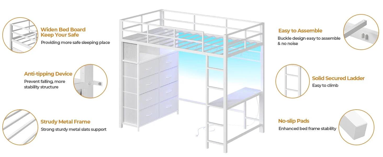 Twin Size LED Loft Bed Frame with Desk and 8 Drawers White