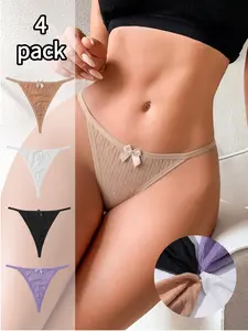 Simple Plain Comfortable Invisible Sexy Thongs Panties, Sweet Hollow Out G-Strings, Low Waist Four-Piece Set, All Season Underwear