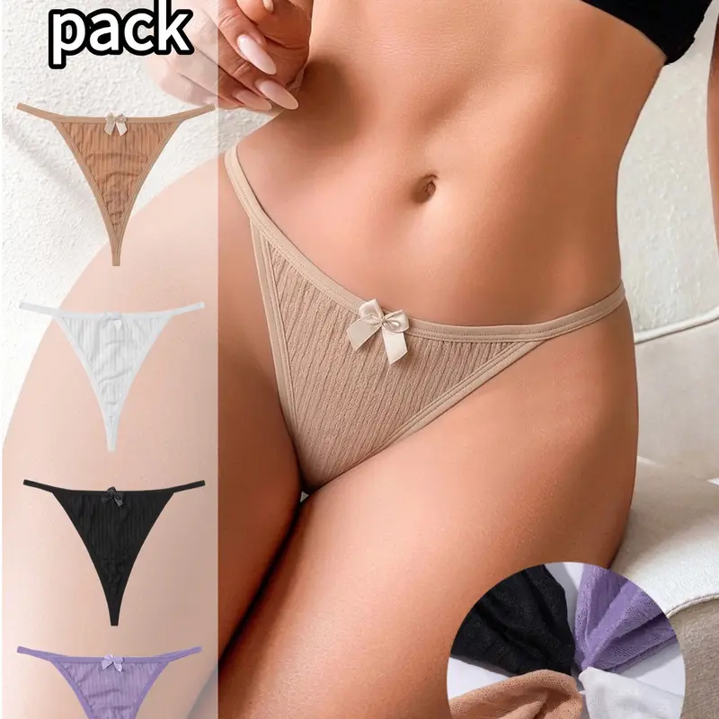 Simple Plain Comfortable Invisible Sexy Thongs Panties, Sweet Hollow Out G-Strings, Low Waist Four-Piece Set, All Season Everyday Low Rise Underwear
