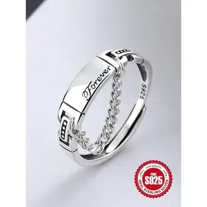925 Sterling Silver Vintage Letter Design Engraved Ring, Adjustable Chain Design Ring for Women & Girls, Fashion Jewelry for Party, Daily Decor, Trendy All-match & Exquisite Jewelry for Birthday Gift, Valentine's Day, Gift