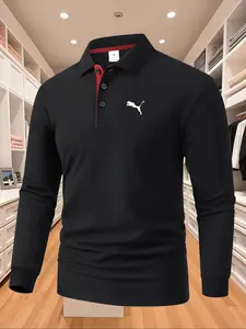 Men's Solid Color Long Sleeve Polo Shirt Fitted, High Fashion Comfortable Fabric, Classic Casual Sporty Style, All Seasons Wear, Printed Cheetah Design
