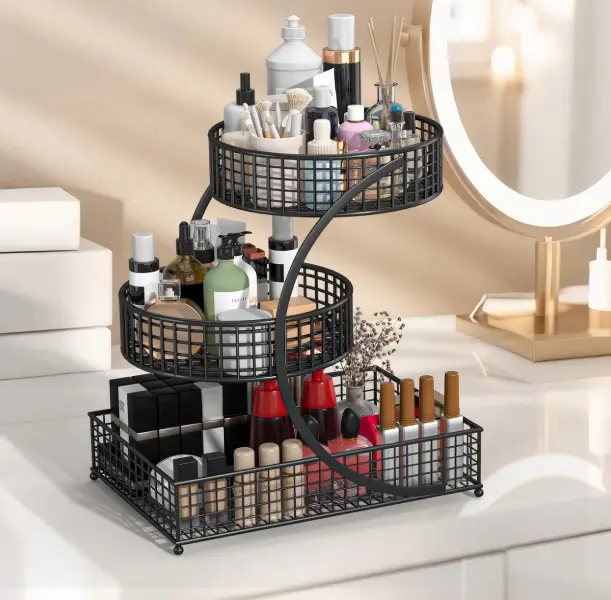 Black Metal 3-Tier Cosmetic Makeup Storage Organizer - Beauty Organizer Box, 3-Layer Storage Rack Cosmetic Organisers, Durable Vanity Organization Space Saver for Skincare, Perfume, Home Bathroom Dresser Countertop Holder, Thoughtful Gift, Cosmetic Makeup