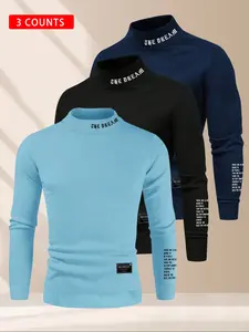 Men's Fleece Pullover High Neck Long Sleeve Sweatshirt, Casual Round Neck Jumper, Fall & Winter Warm Clothing, Pack of 3