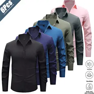 Men’s 6-Pack Business Formal Long-Sleeve Dress Shirts, Light‑Mature Office Commuter Style, Skin‑Friendly Breathable Wrinkle‑Resistant Non‑Iron Fabric Easy to Care For and Maintain Shape, Classic Lapel Single‑Breasted Design Simple and Elegant, Slim Fit Fl