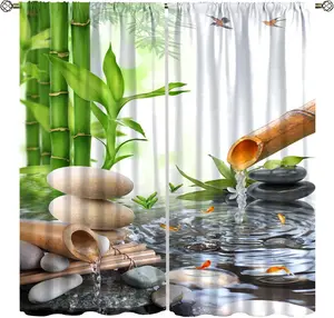 Zen Bamboo Curtains, Japanese Asian Spa Garden Zen Stone Bamboos Flower Koi Meditation Theme Window Treatment for Office Bedroom Kitchen Living Room Drapes, 42x45 Inch