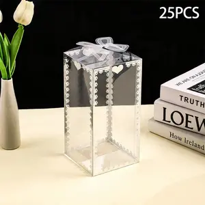 25-Pack Transparent Rectangular Candy Gift Boxes, Butterfly & Lace Design, Plastic Party Favor Boxes, Pet Food Sweet Box, Rose Bouquet Gift Box
