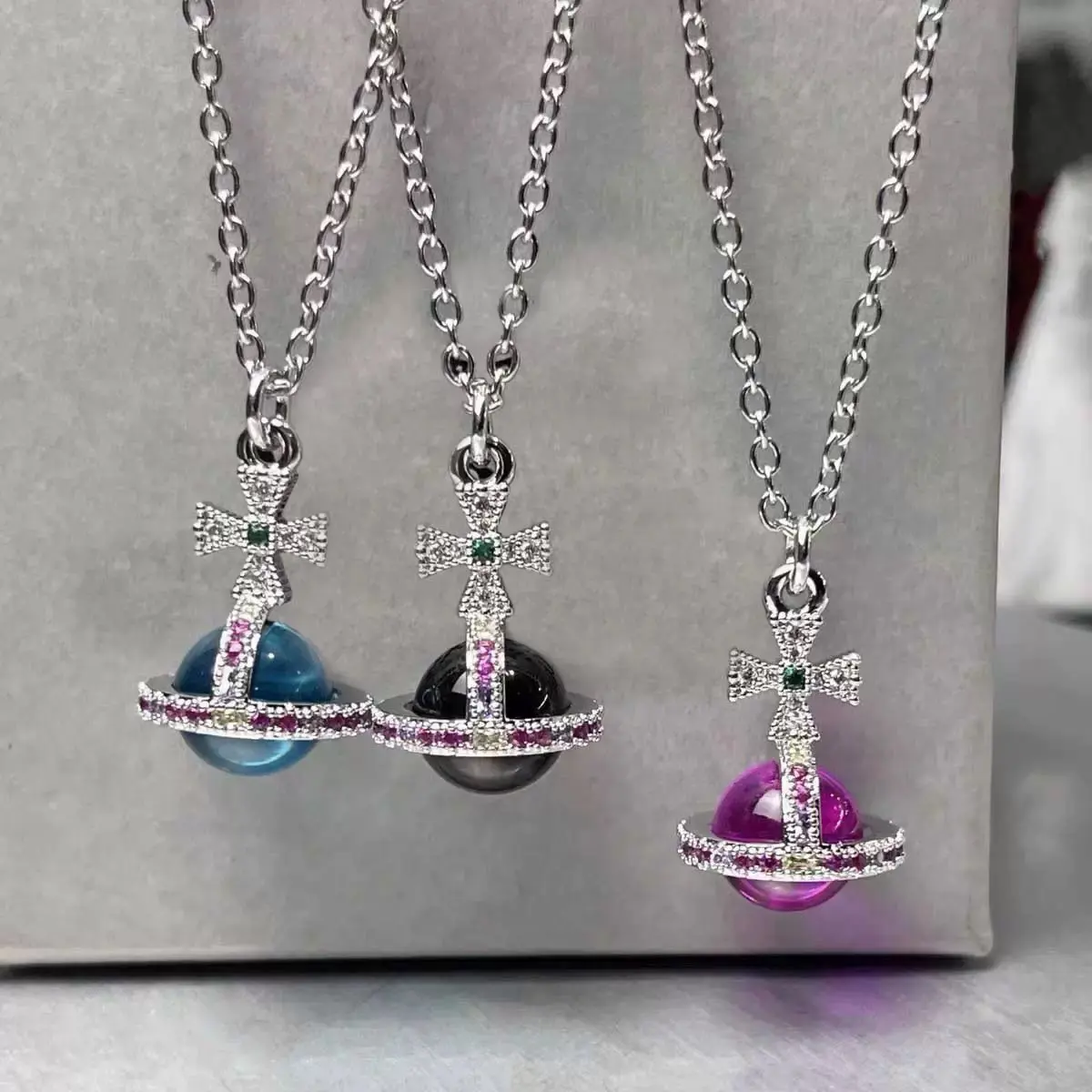 Elegant Cross Pendant Necklace with Multicolor Stones and Crystal Accents in Silver Tone Chain
