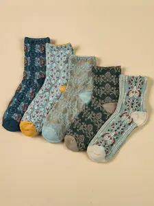 Women's 5 Pairs Ethnic Pattern Crew Socks, Fashion Casual Cozy Socks for Daily Outdoor Wear, Women Socks for All Seasons, Cold Weather Gear, Casual Comfy Socks, Sock Set