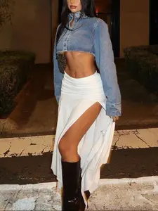 Women's Denim-effect Print Slit Hem Skirt, Fashion Casual High Waist Midi Skirt for Daily Outdoor Wear, Women Bottoms for Summer