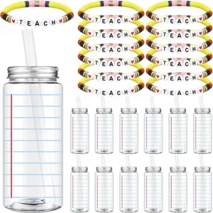 48 Pcs Teacher Appreciation Gifts Bulk 14.2 oz Blue Notebook Plastic Cup Teach Pencil Stackable Beaded Bracelet Gifts for Teacher Coworker Retiree Graduation Party Favor Office Supplies