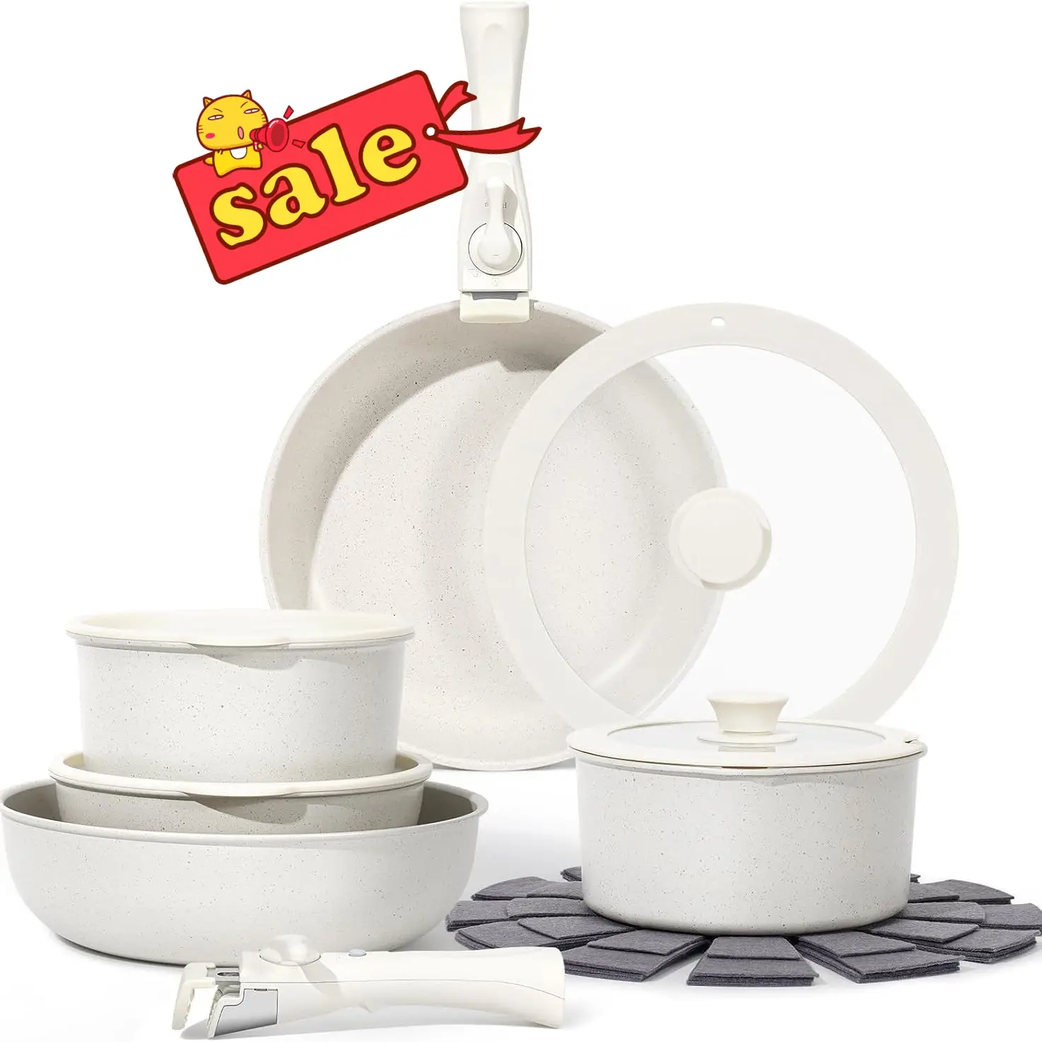 SODAY Pastel 15pcs Nonstick Cookware Set ,Detachable Handles, Stackable Design for RV and Small Spaces, Oven and Induction Safe Frying Pans,Saucepans