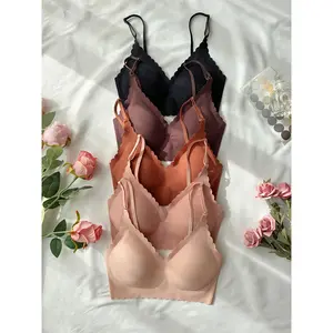 5-Piece Seamless Barely There Bralette Set Breathable Knit Fabric Elegant Solid Color Wireless with Removable Pads Medium Support Adult Women's Underwear Sleepwear Loungewear
