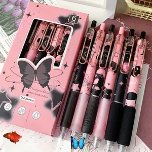 Butterfly & Rose Flower Design Retractable Gel Ink Pen, 6 Counts/set 0.5mm Fine Point Black Ink Writing Pen, Cute Writing Pen for School, Office, and Home Use