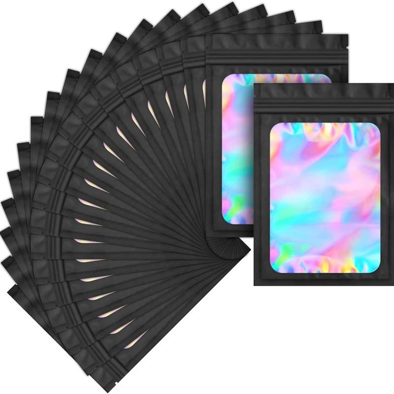 Mylar Holographic Bags 300 Pack with Clear Window Resealable Smell Proof Organiser Bags Zipper Foil Pouch for Samples Small Business Black 4x6 Inches - Aluminium