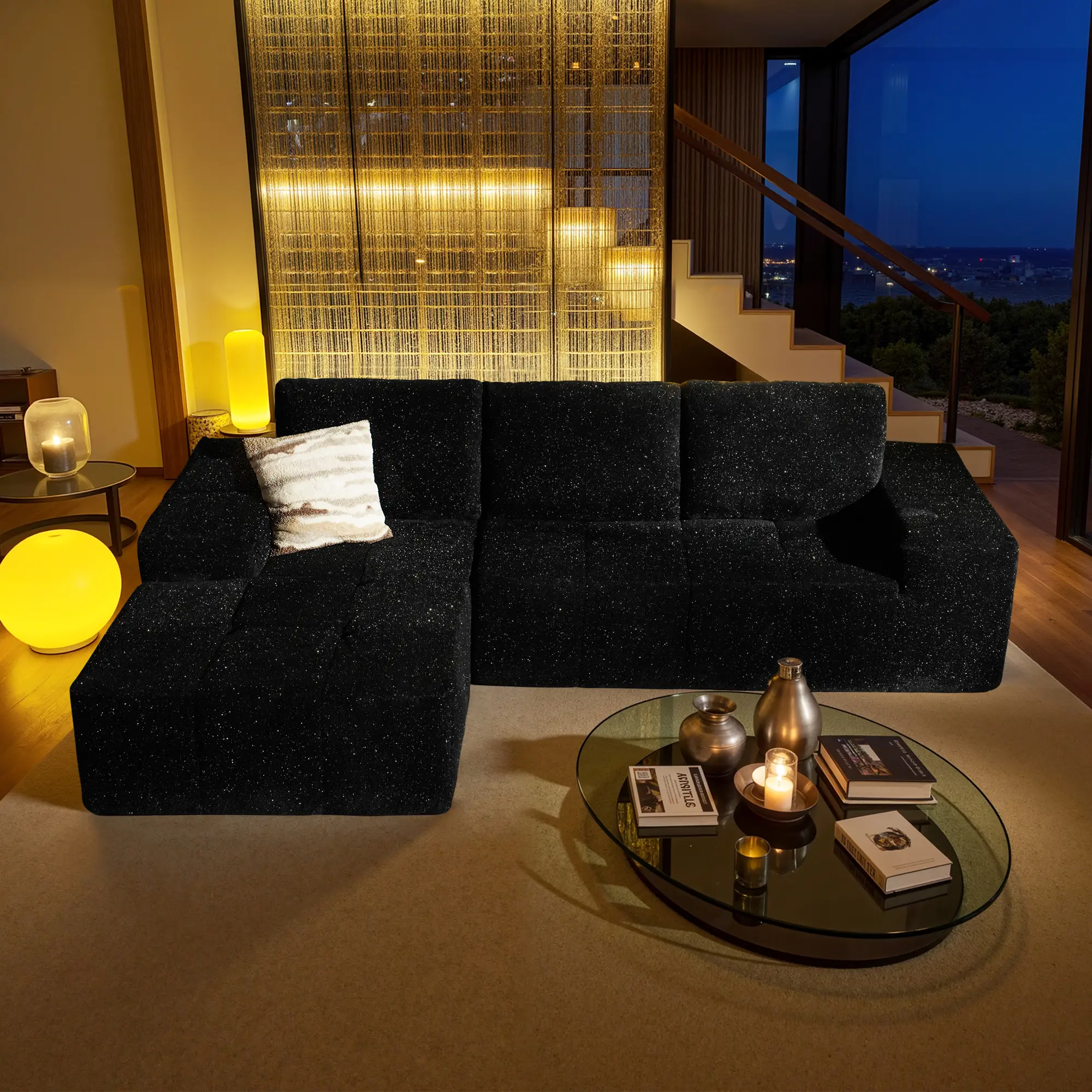 【Holiday Haul】2 Package Shipping  OOSWIFT Oversized Chaise Lounge Sofa，Galaxy Stardust Shimmer Plush Modular ，115" Cloud Sectional Couch with L-Shape Chaise,Upholstered Couches for Living Room Bedroom,No Assembly Required, Convertible Loveseat Sofa Bed