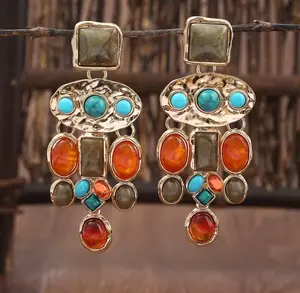 Bohemian Ethnic Retro Dangling Earrings Exaggerated Large Tassels Natural Stone for Women