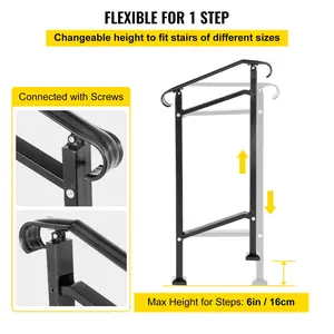 VEVOR Outdoor Stair Railing,  , Fit 1 or 2 Steps Wrought Iron Handrail, Adjustable Front Porch Hand Railings, Black Transitional Hand Rail for Concrete Steps or Wooden Stairs with Installation Kit