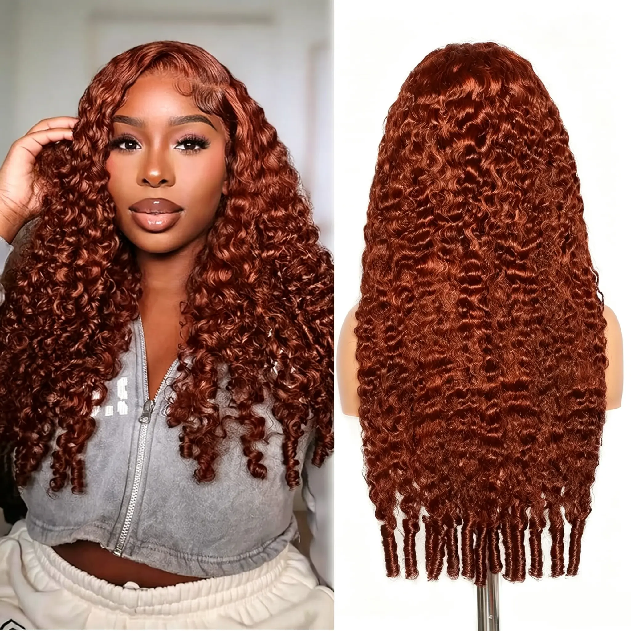 Bling Hair Ginger Orange Burmese Curly Glueless Wig Human Hair with Drawstring Spiral Curls 180 Density 12A Virgin Raw 13x6 HD Lace Front Wigs Human HairGlueless Wigs For Women Pre Plucked Triple Lifespan 3X