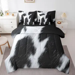 Cow Print 7 Piece Bedding Set,White Black Cowhide Bed in A Bag Western Cowboy Rustic Comforter with Sheets Farmhouse Animal Hair Skin Bed Sets