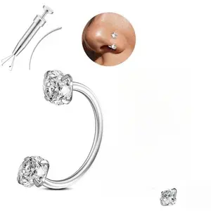 316L medical-grade titanium steel18G 1.0mm Horseshoe Nose Hoop InternallyThreaded Gems Nose Ring with Free Ball Holder &Guiding Needle