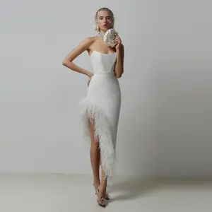 High-End Ladylike Style French Ostrich Feather White Evening Dress - Sleeveless, Long Skirt, Silk Satin, Glamorous & Elegant Fashion Fits Soft(Sheets)