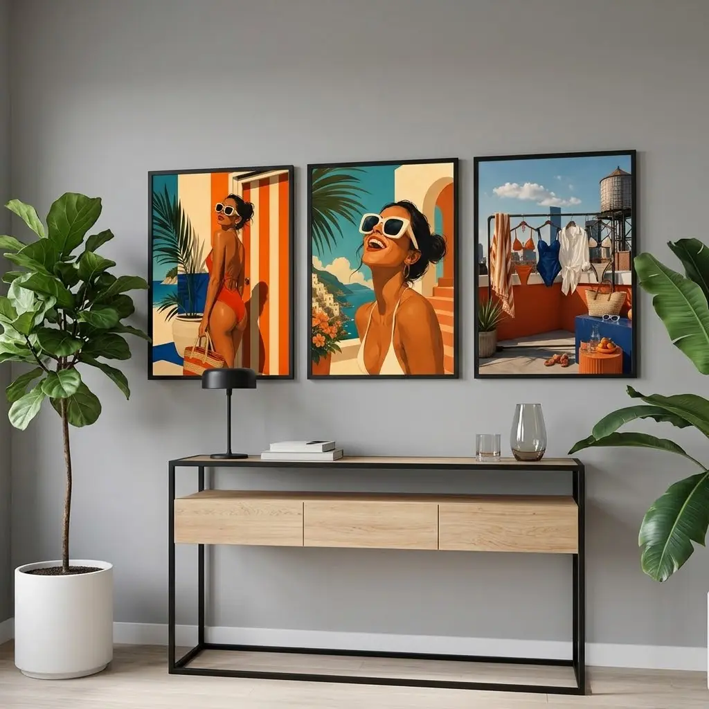 Retro Swimsuit Beach Poster, Mediterranean Coastal Wall Art