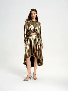 BlisSecret Gold High-Low Drawstring Hoodie & Asymmetrical Pleated Skirt