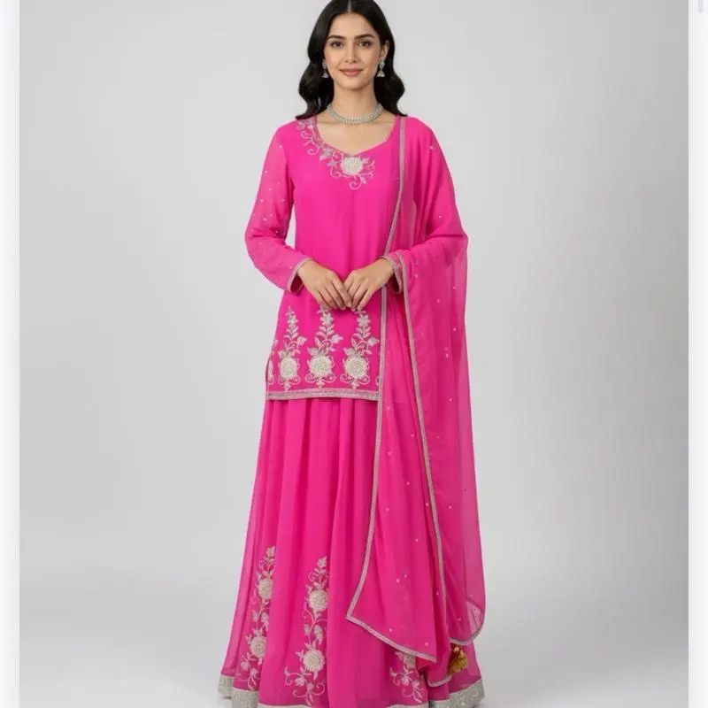 Hot pink Lehnag  Set in Soft Georgette with Hand Work Perfect for Any Occasion Pink Embroidered Anarkali Suit Skirt Ethnic