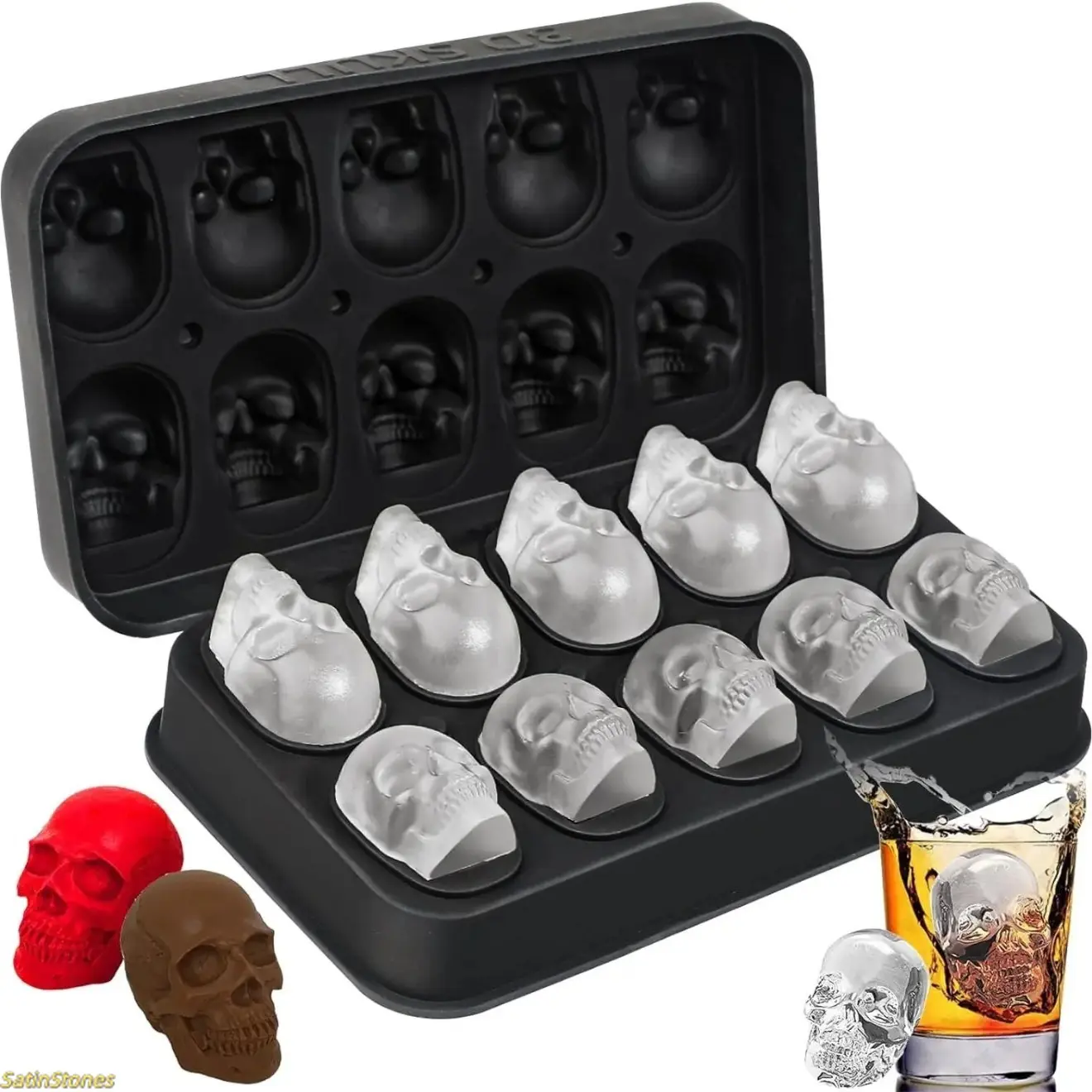 Skull Silicone Ice Cube Tray - Reusable Novelty Mold, Durable Funky Kitchen Supply, Ice Cube Trays for Freezer for Home Bar Party Drinks