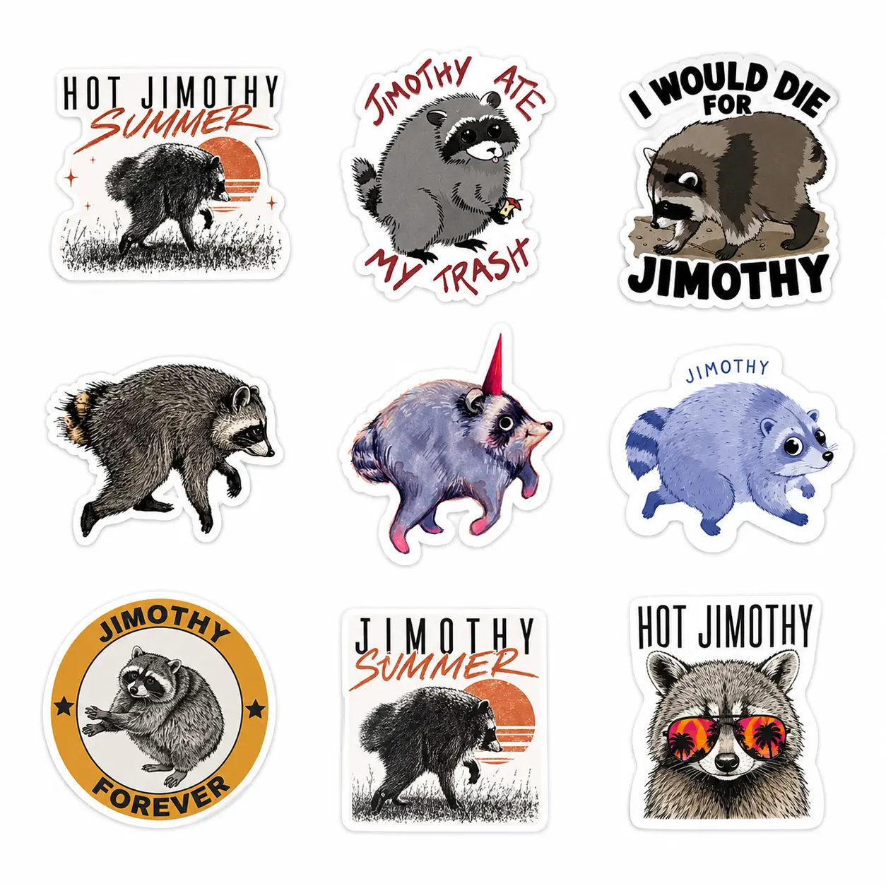 Jimothy Raccoon Sticker Pack, 9 Viral Seattle Trash Panda Decals, Hot Jimothy Summer Stickers, Funny Raccoon Lover Gift