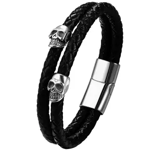 OIDEA Skull Leather Bracelet for Men Braided Cuff Bangle Stainless Steel Punk Gothic Wristband Black