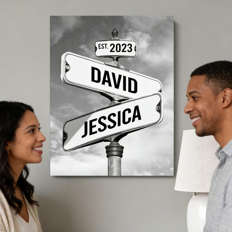 Personalized Vintage Street Sign Canvas for Couples Custom Name Date Crossroad Wall Art Wedding Anniversary Valentine’s Day Christmas Custom Poster Glossy Hand Stretched Ornaments Room Decoration