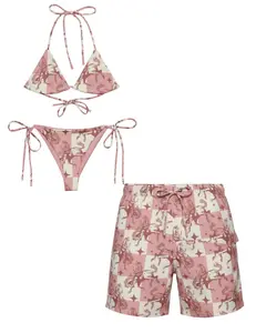 Unisex Matching Western Horse Print Swimsuit Set For Couples Bikini Top And Swim Shorts Trunks Cowboy Style Pink Swimwear