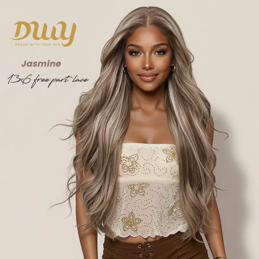 Jasmine -DWY 13×6 Lace Front Free Part Long-Length Layer-cut Curly Brown Highlighted Glueless Synthetic Wig for Women 28 Inches Lace Frontal Wig Layered Wig