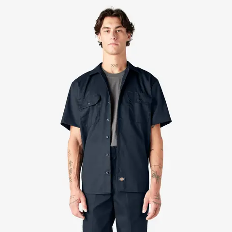 Dickies Men's Fitted Collared Twill Short Sleeve Work Shirt - Button Front, Moisture-Wicking, Secure Chest Pocket with Pencil Slot, Wardrobe Staples, Work-Ready, Weekend-Ready, With Pocket Casual Summer Top (Dark Navy, White, Gray, Black) - Men's Shirts