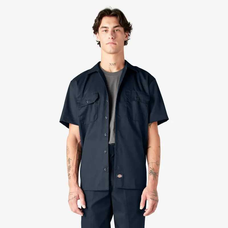 Dickies Men's Fitted Collared Twill Short Sleeve Work Shirt - Button Front, Moisture-Wicking, Secure Chest Pocket with Pencil Slot, Wardrobe Staples, Work-Ready, Weekend-Ready, With Pocket Casual Summer Top (Dark Navy, White, Gray, Black) - Men's Shirts