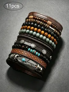 11pcs Retro Synthetic Turquoise Stone Bracelet Set, Men‘s  Wooden Ring  Bracelets  Gift, Perfect for Daily Wear Vintage Bracelets Multi Layered Men’s Bracelet Wristband