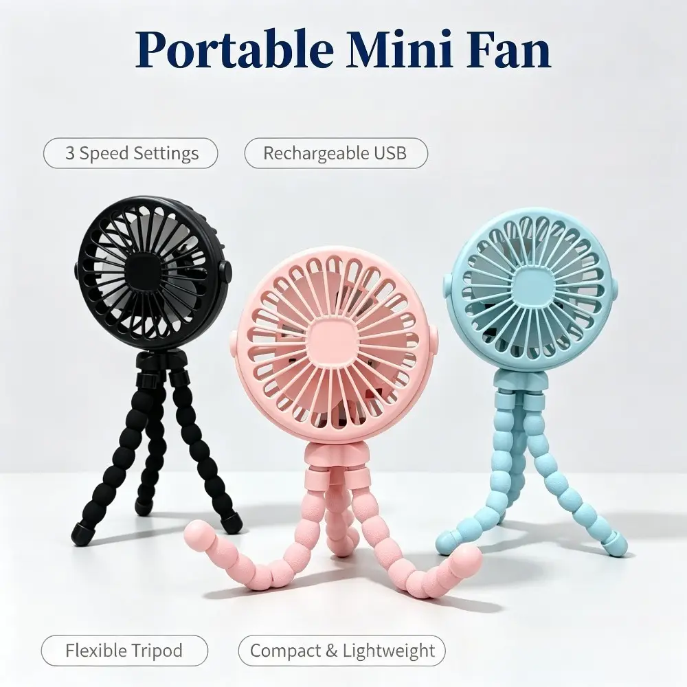 1pc Portable Mini USB Charging Fan with Flexible Tripod Stand, 3-Speed Adjustment, Cute Design for Outdoor Sports/Baby Stroller/Desktop/Summer Travel Cooling