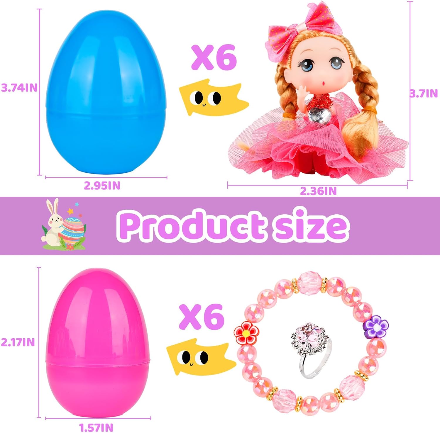 12 Pack Prefilled Easter Eggs for Kids – Easter Basket Stuffers with Cute Dolls & Colorful Bracelets, Toddler Girls Easter Egg Fillers, Party Favors, Classroom Prizes & Easter Gifts