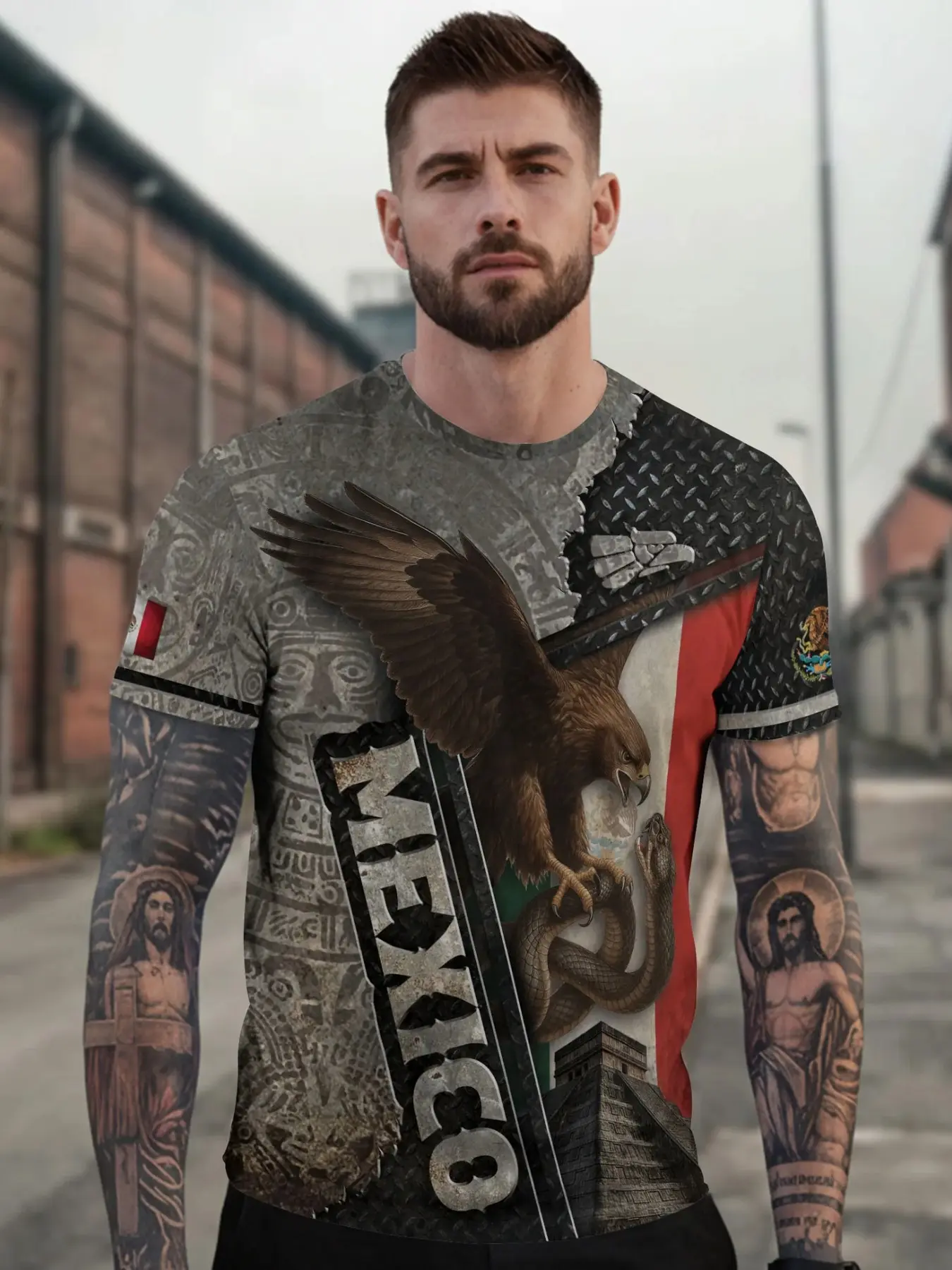 Mexican Eagle Serpent Aztec Pyramid Heritage Warrior Shirt, Athletic Tee, Active Tops, Fitted Sporty Style for All Seasons, Unique Animal and Ethnic Print Design