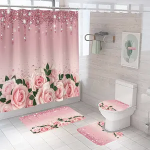 4pcs Pink Diamond Rose Shower Curtain Set with Non-Slip Bath Mat & Toilet Cover - Luxury Pink Roses & Diamonds Bathroom Decor, Complete Spa Accessories Kit (Bathtub Partition Curtain, Hooks) - Soft Fabric for,, Valentine's