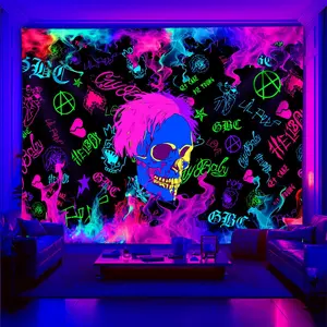 Blacklight Lil Peep Tapestry for Bedroom, Black Light Skull Poster, Rapper Star Tattoo UV Flag (40 x 30 Inches)
