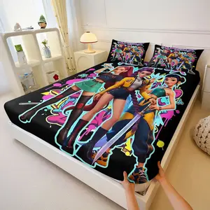3PcsHUNTRX Neon Graffiti Anime Girls Printed Fitted Sheet Set, Vibrant Street Art Bedding Set with Colorful Characters, Modern Style Microfiber Bed Cover for Bedroom Decor,Includes 2 Pillowcases, No Pillow Core