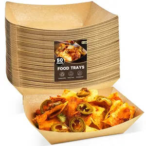 3 Lb Paper Food Trays - 50 Pack Disposable Nacho Trays, Kraft Paper Food Boats Taco Holders Party Serving Baskets for Hot Dogs Snacks Tacos Fries