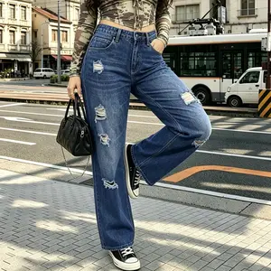Women's 2026 Vintage Mid-Rise Denim Jeans - Streetwear Basic Bottoms with Button Details, Ruined Casual Straight Long Pants