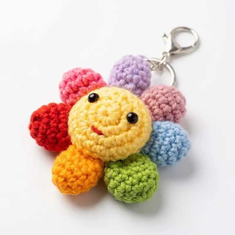 Crochet Keychain - Colorful Crochet Keychain with Smiley Face and Multicolor Balls